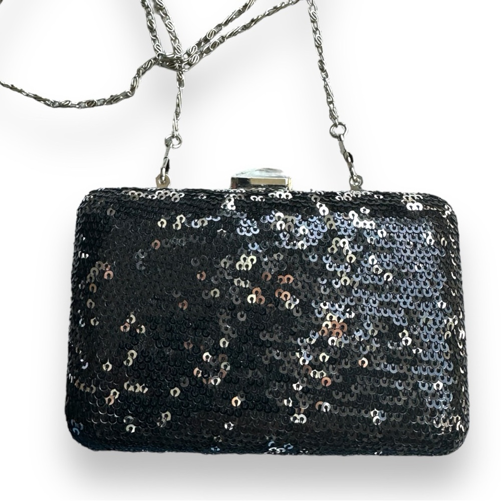 NWOT – evening bag, black sequins,  jewel clasp, 64” removable shoulder strap.